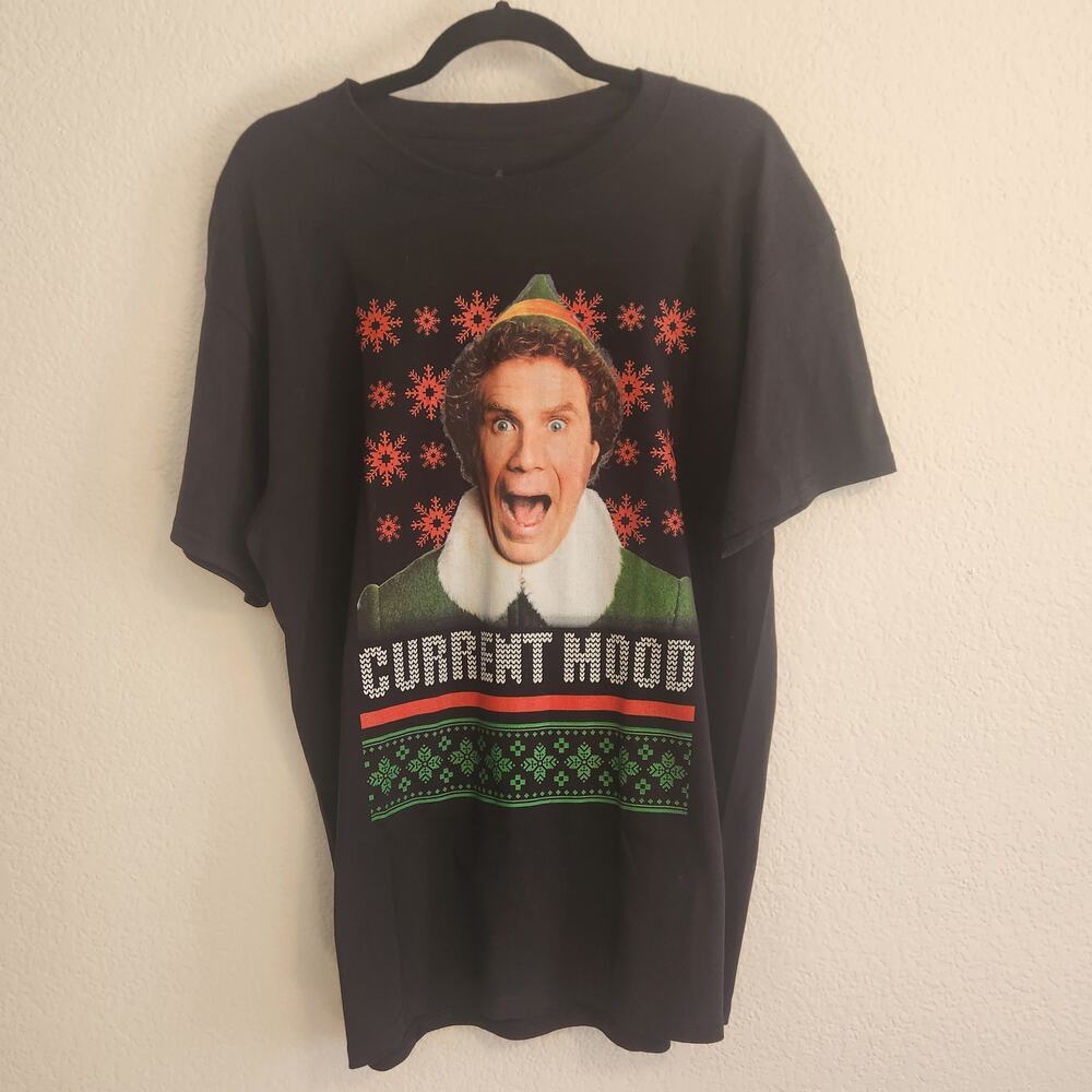 Elf Men's Size Large Christmas Current Mood Black‎ T-shirt Movie X-mas New